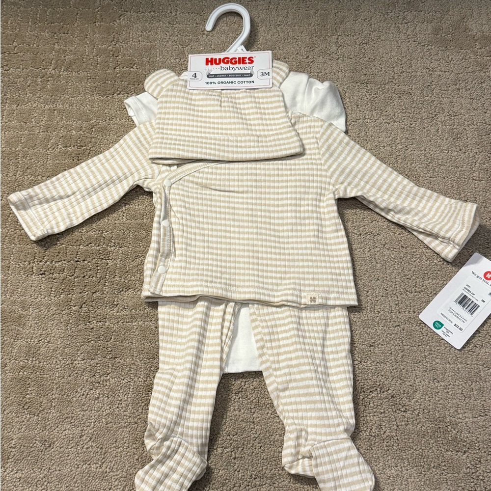 4 Piece Striped Beige and White Baby Outfit